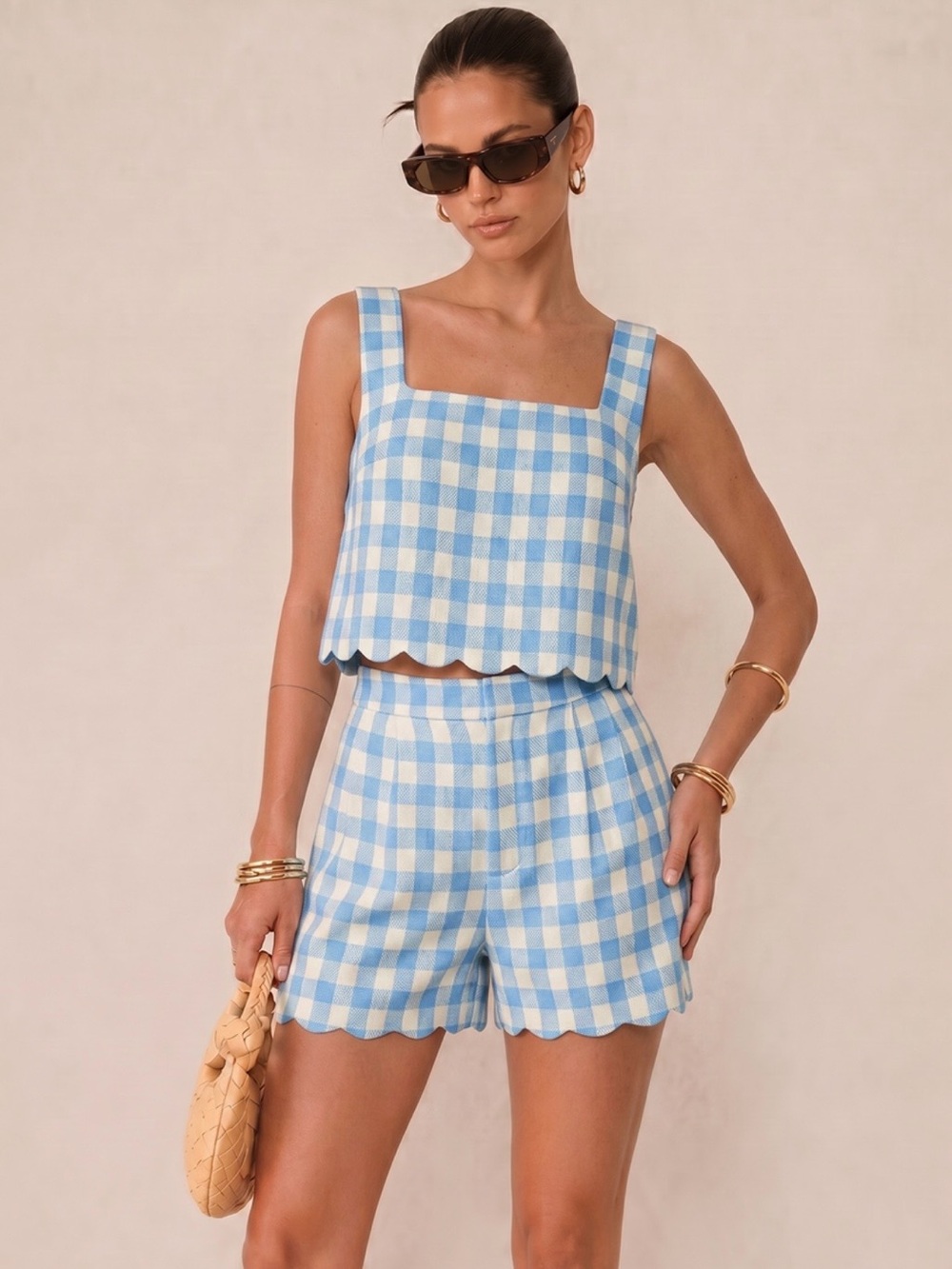 Commense Blue and White Gingham High Waist Shorts Set